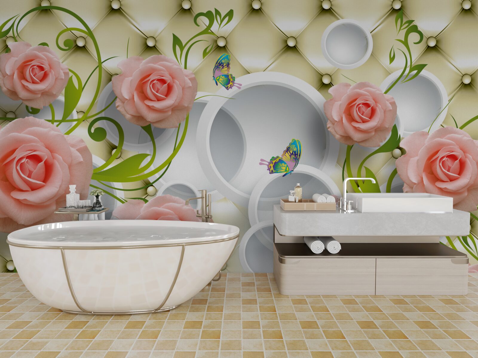Фотошпалери метелики та троянди в рожевому кольорі