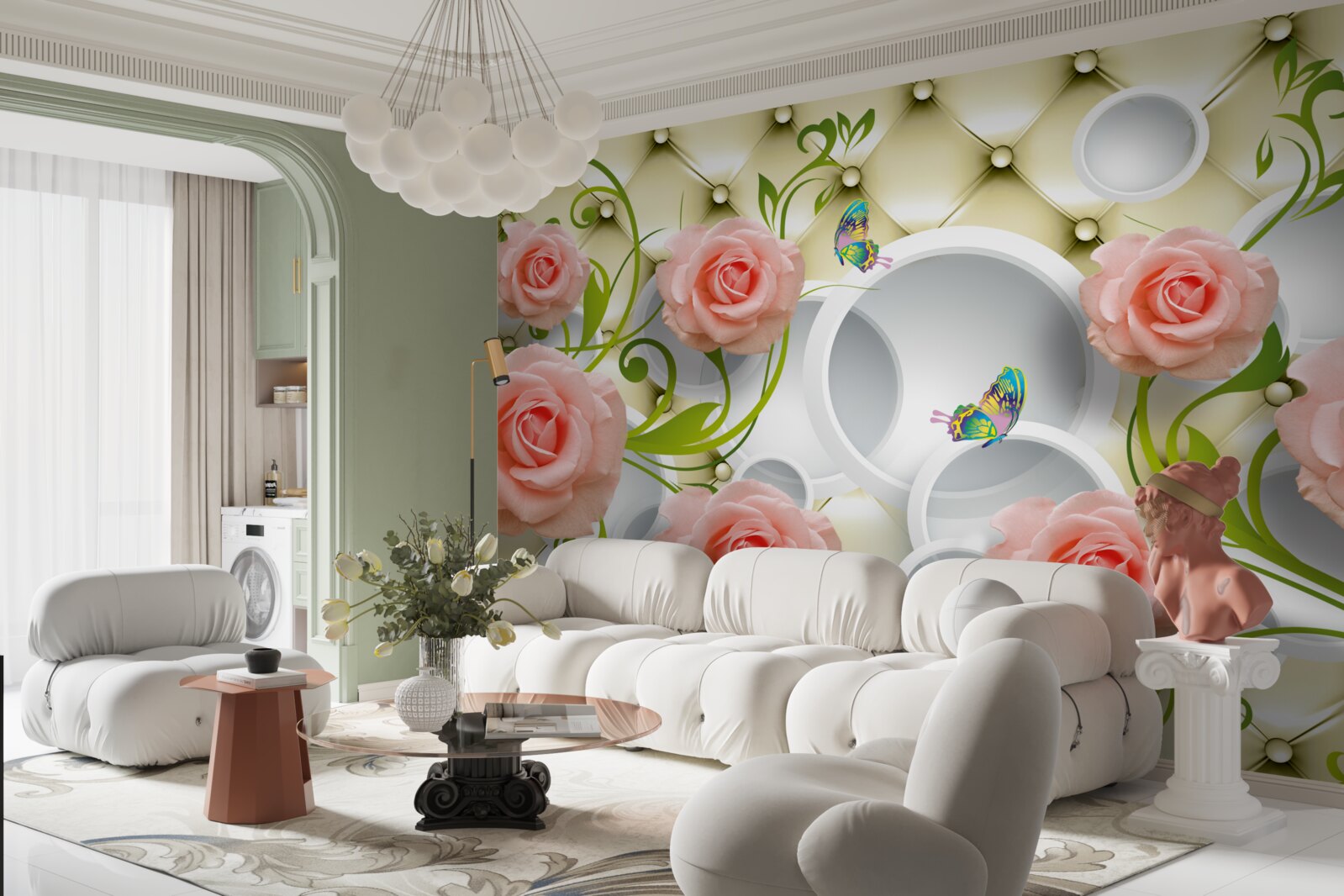 Фотошпалери метелики та троянди в рожевому кольорі