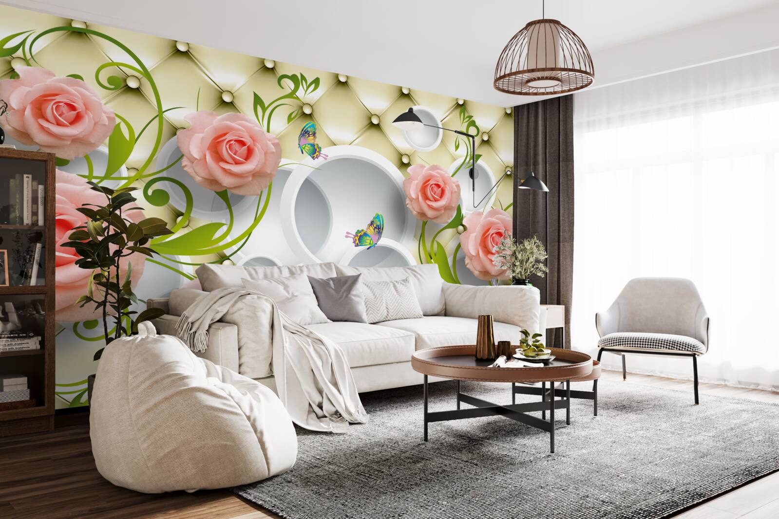 Фотошпалери метелики та троянди в рожевому кольорі