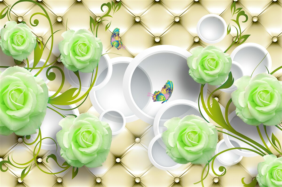 Фотошпалери троянда біло-зелена з елементами золота та перлів
