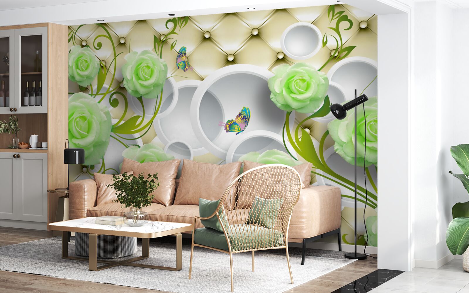 Фотошпалери троянда біло-зелена з елементами золота та перлів