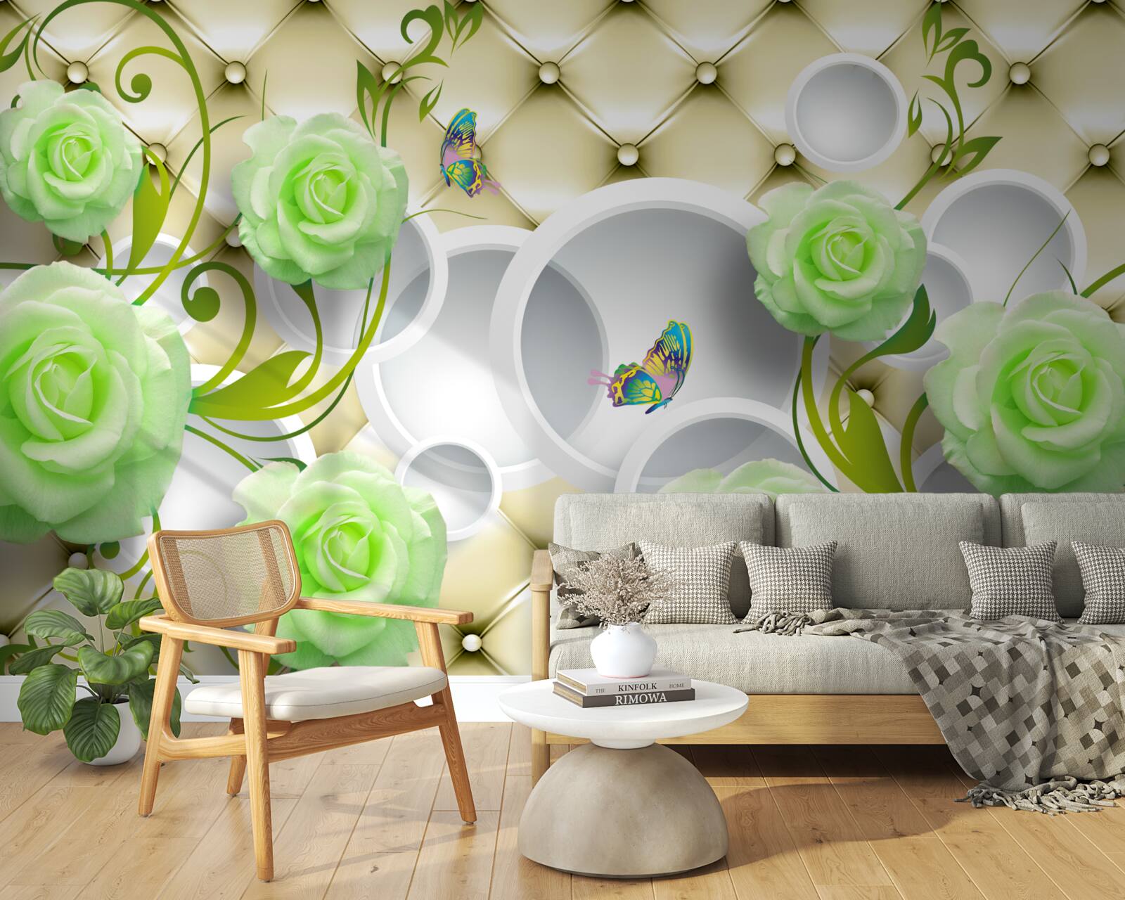 Фотошпалери троянда біло-зелена з елементами золота та перлів