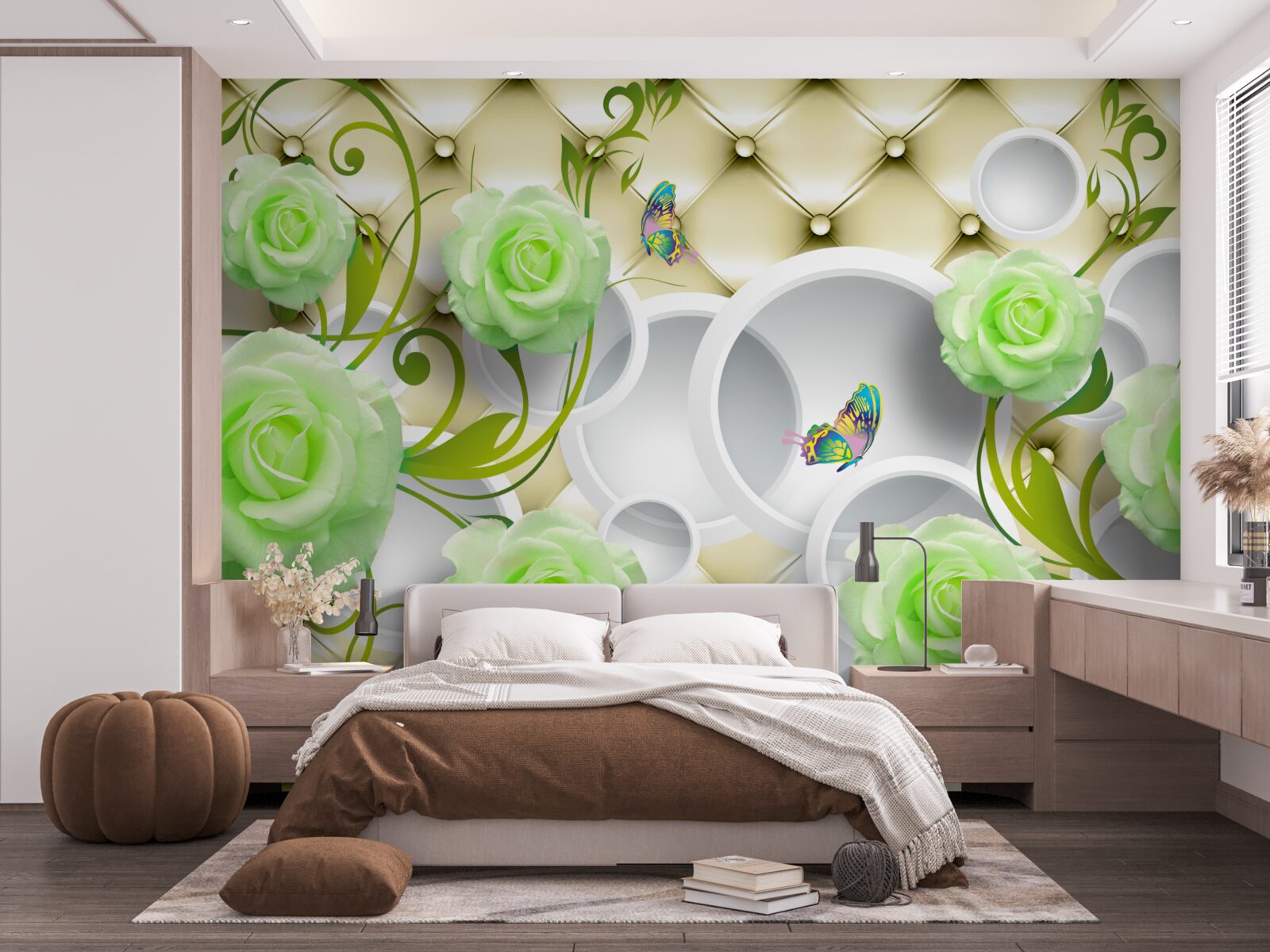 Фотошпалери троянда біло-зелена з елементами золота та перлів