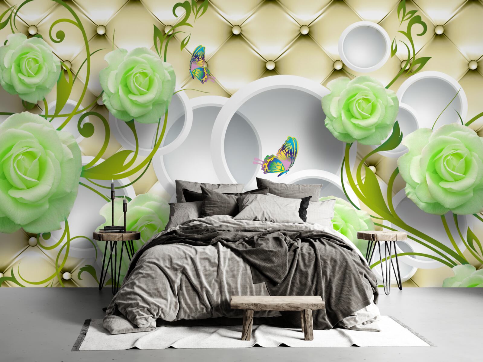 Фотошпалери троянда біло-зелена з елементами золота та перлів