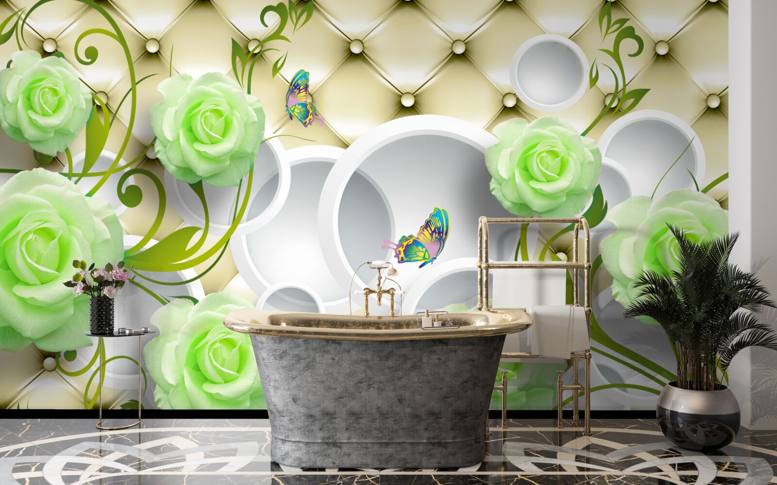 Фотошпалери троянда біло-зелена з елементами золота та перлів