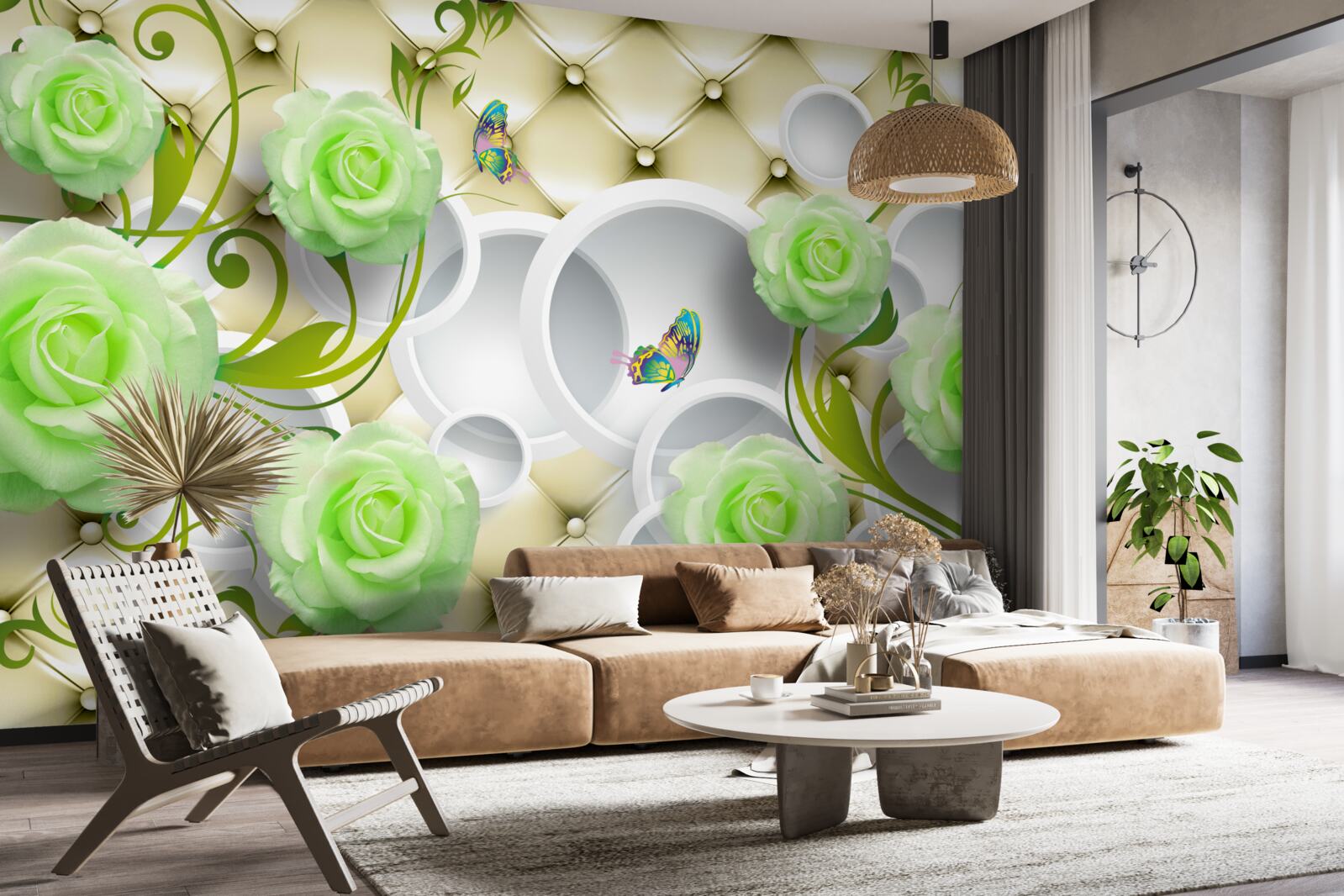 Фотошпалери троянда біло-зелена з елементами золота та перлів