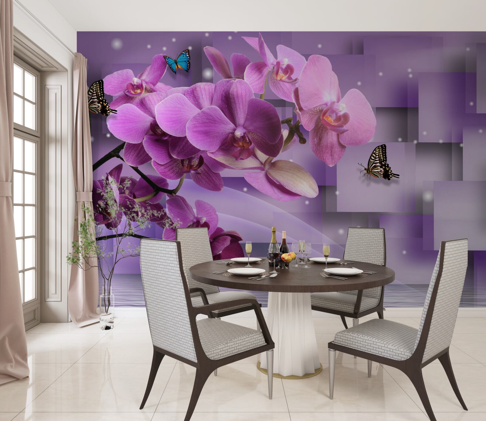Фотошпалери композиція з тонких орхідей і метеликів
