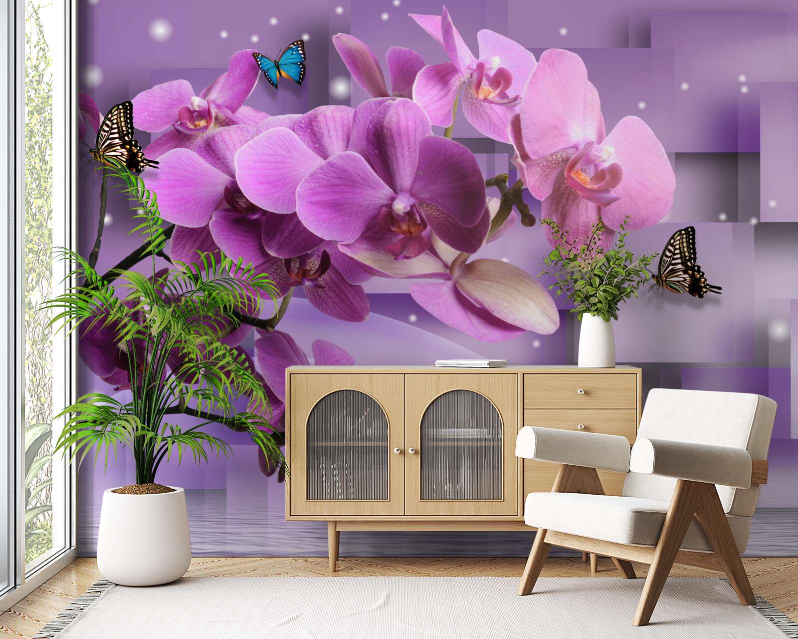 Фотошпалери композиція з тонких орхідей і метеликів