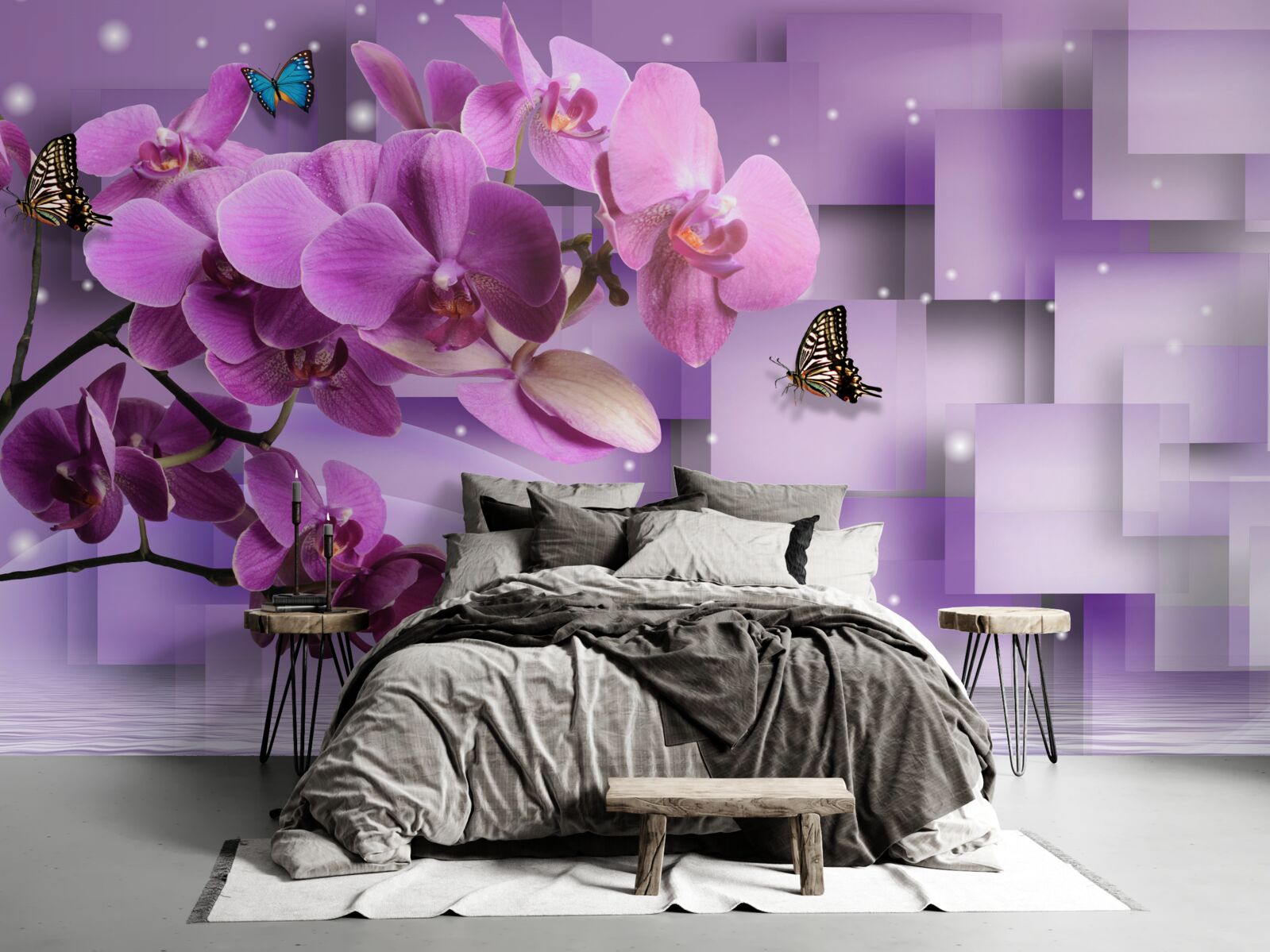 Фотошпалери композиція з тонких орхідей і метеликів