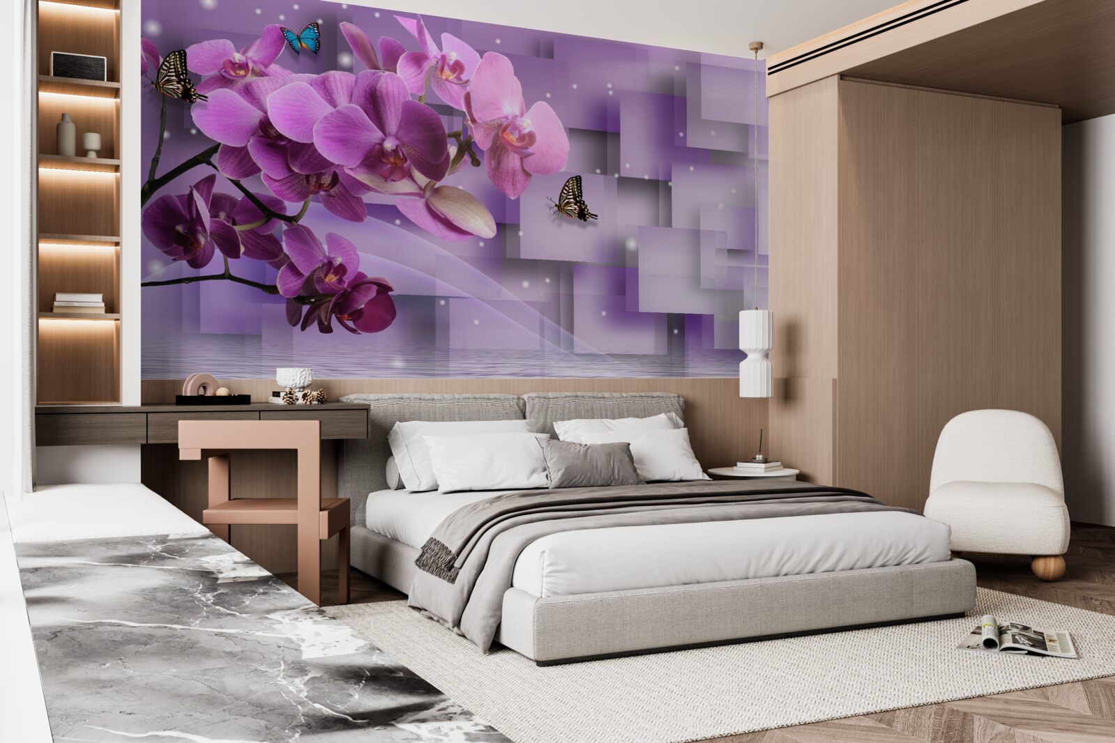 Фотошпалери композиція з тонких орхідей і метеликів