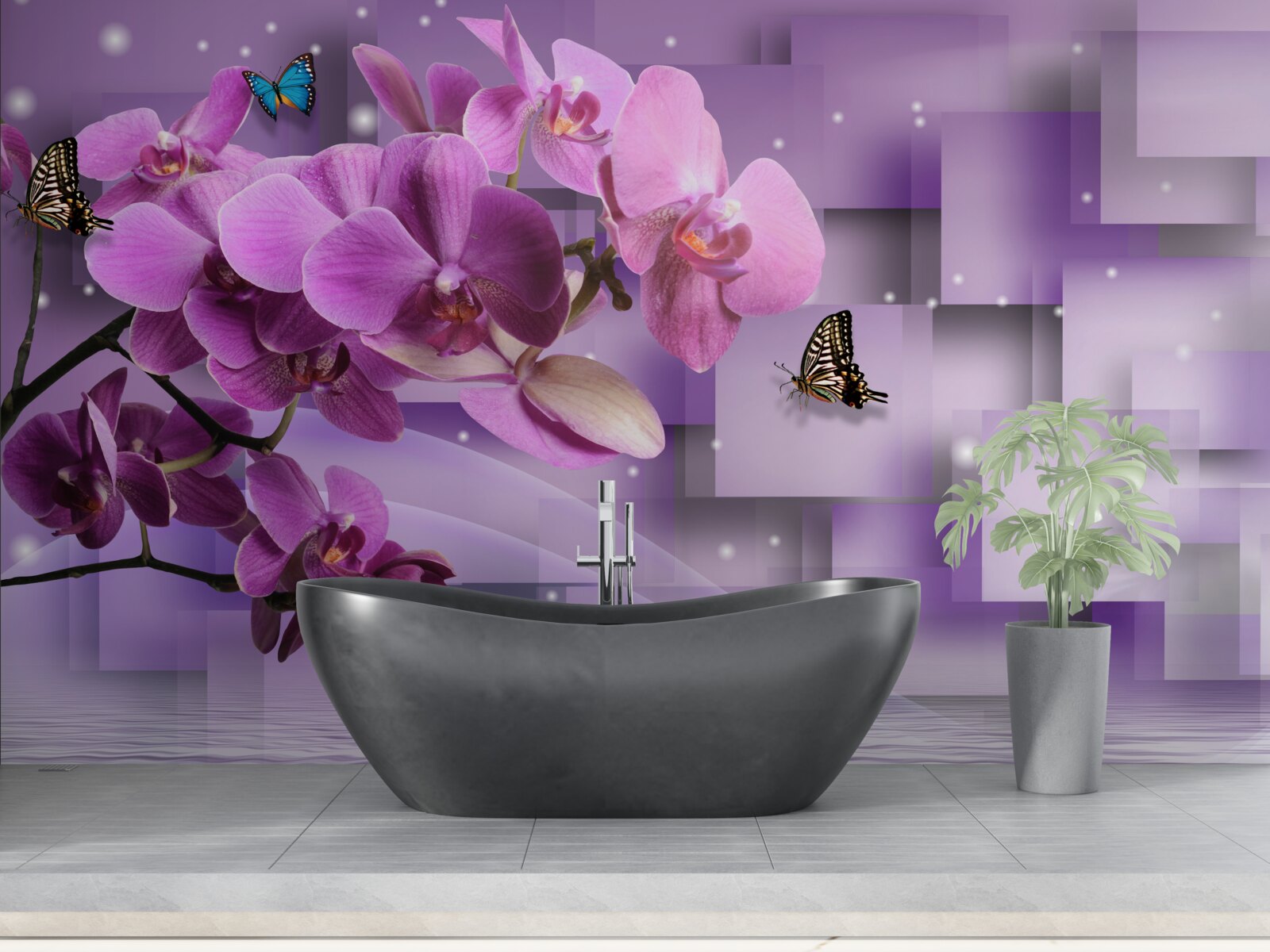 Фотошпалери композиція з тонких орхідей і метеликів