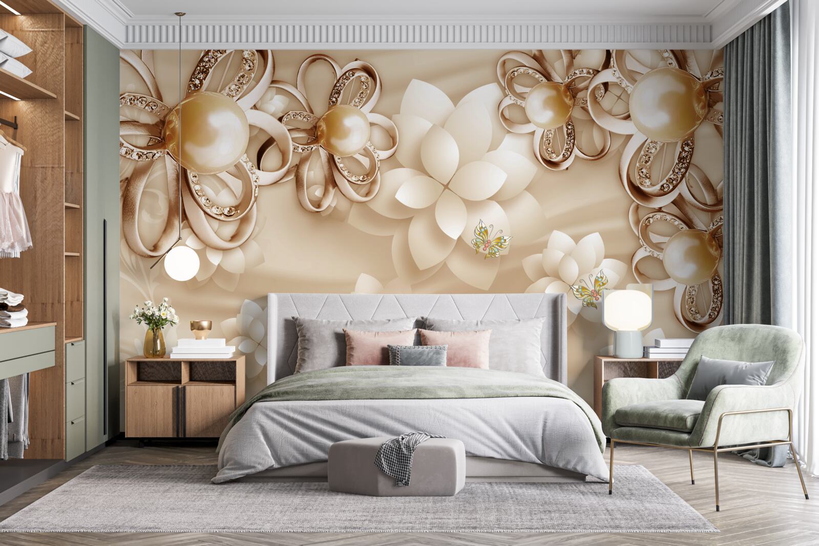 Фотошпалери квітки магнолії білосніжні з золотистими відблисками