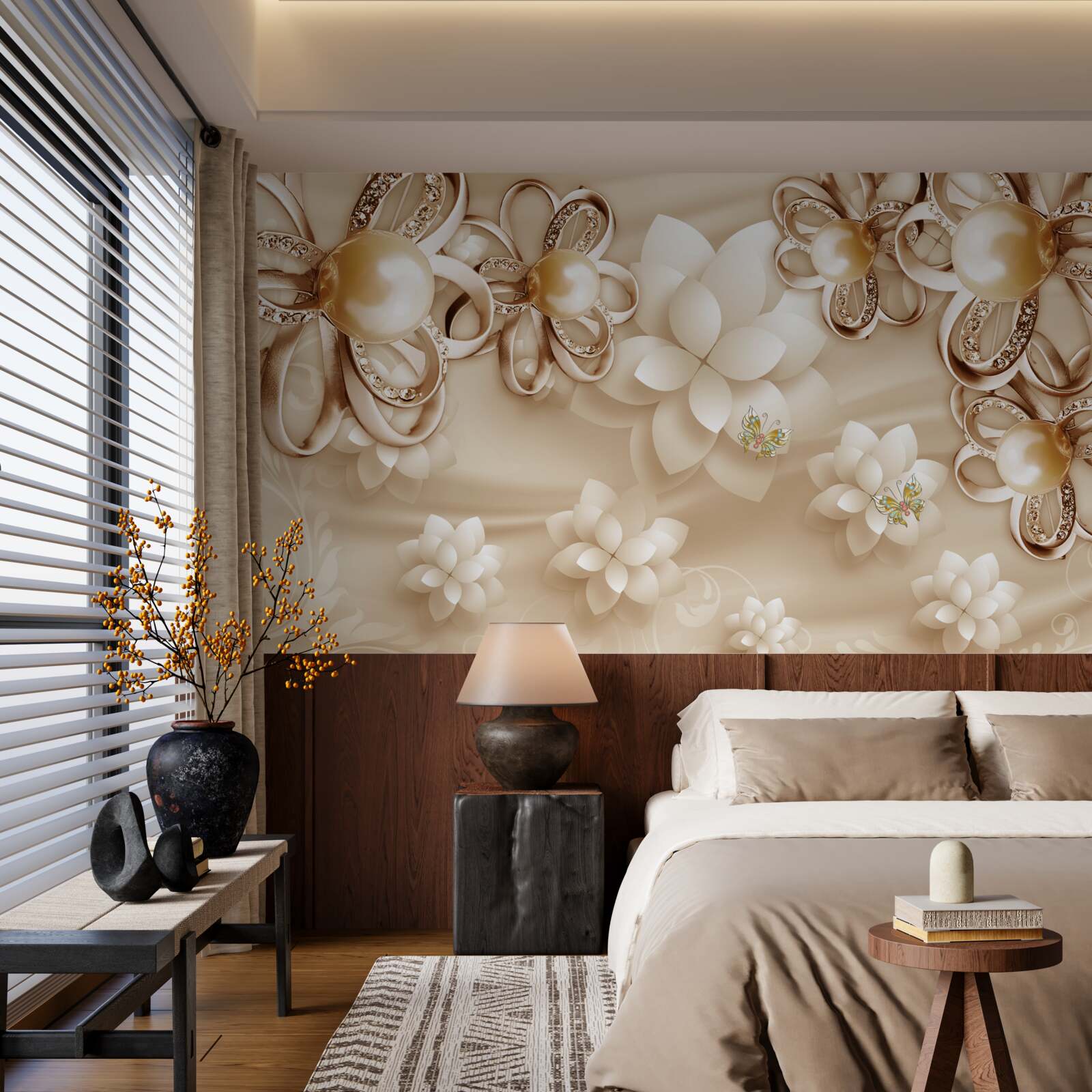 Фотошпалери квітки магнолії білосніжні з золотистими відблисками