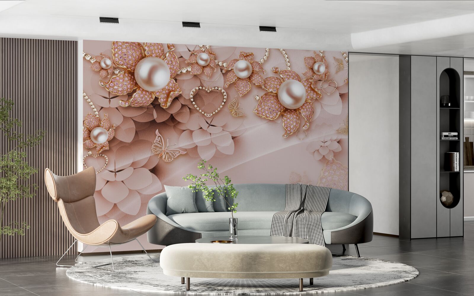 Фотошпалери перлини у формі квітки в золотій оправі