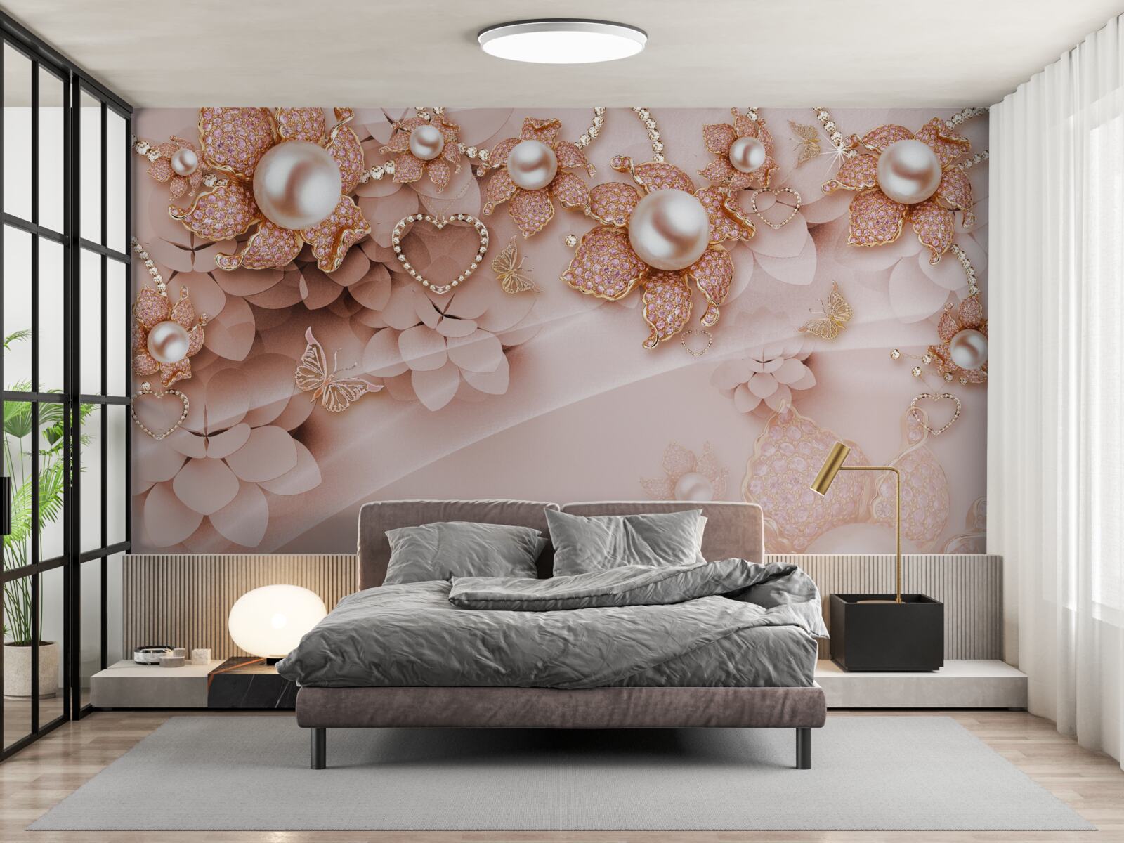 Фотошпалери перлини у формі квітки в золотій оправі