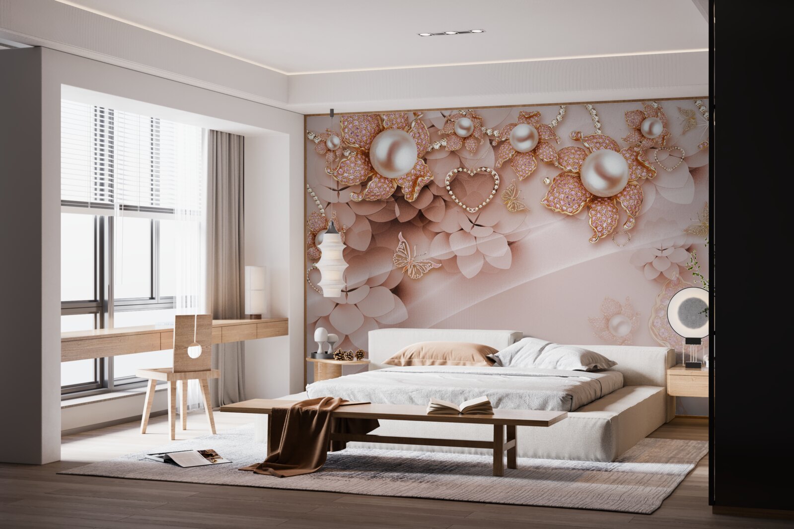 Фотошпалери перлини у формі квітки в золотій оправі