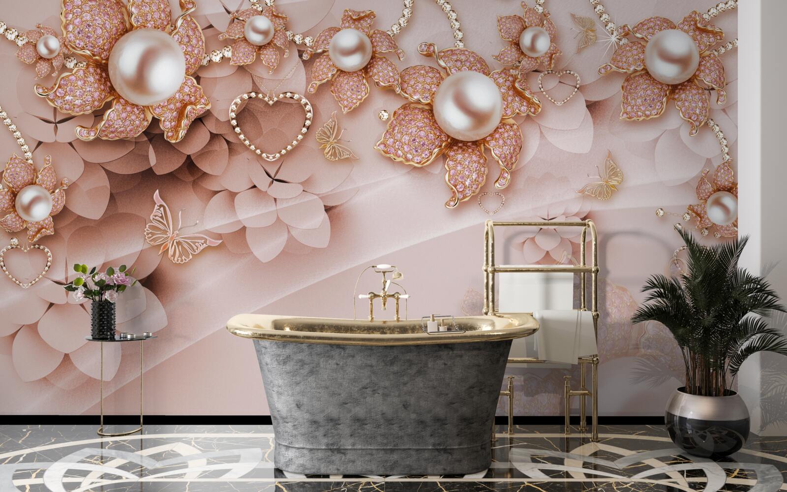 Фотошпалери перлини у формі квітки в золотій оправі