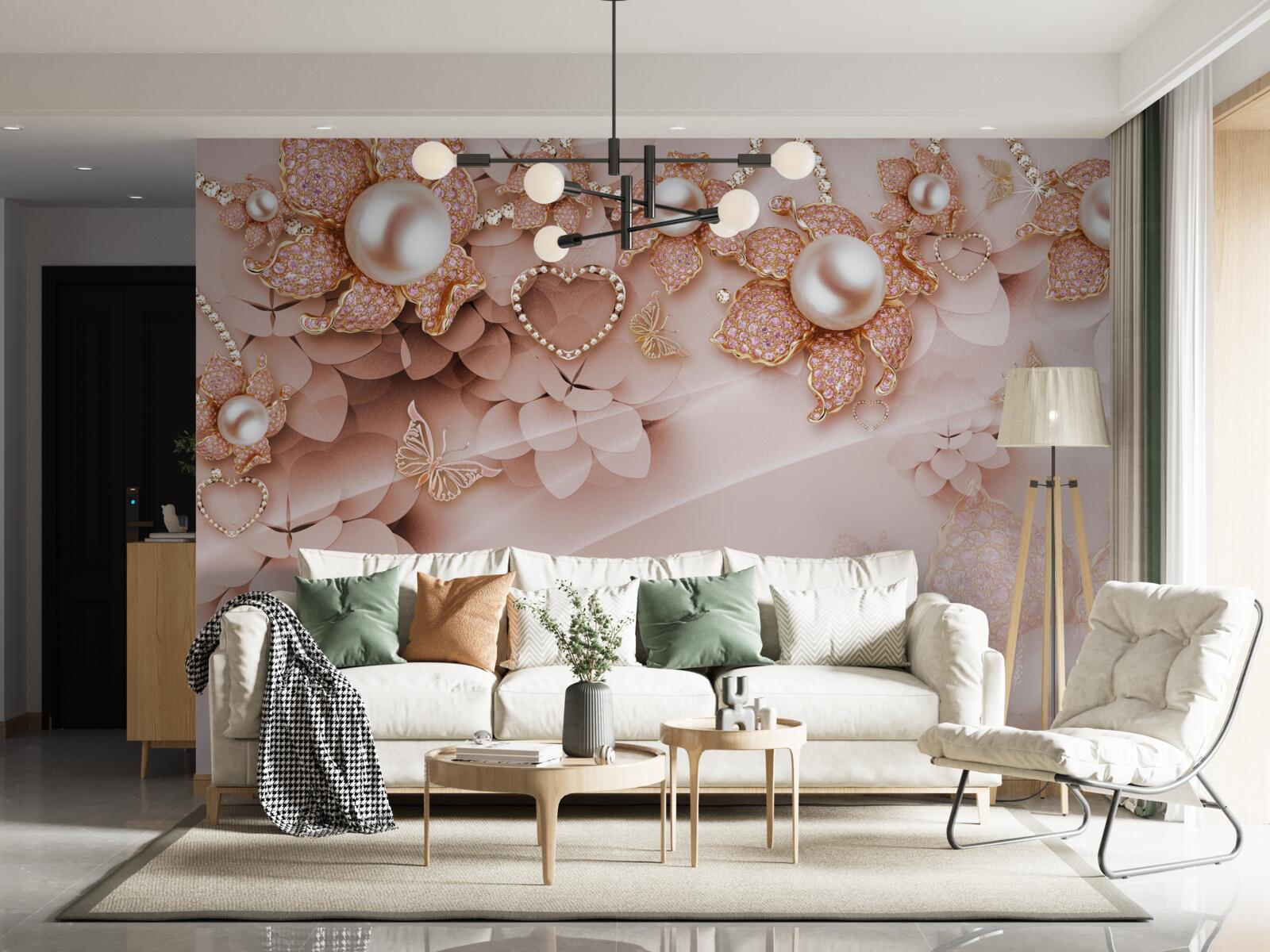 Фотошпалери перлини у формі квітки в золотій оправі