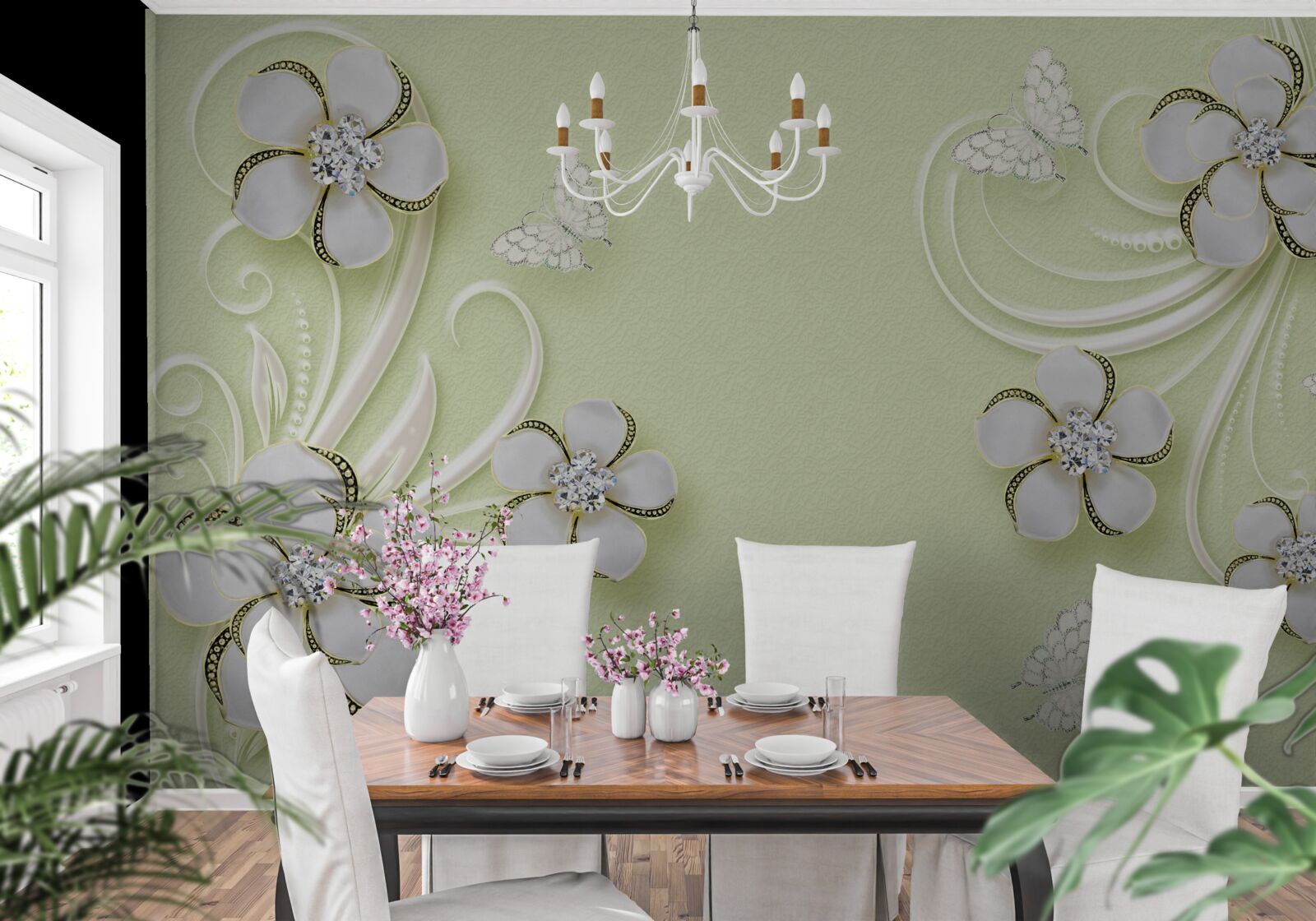 Фотошпалери на білосніжних квітах оселилися золотисті метелики