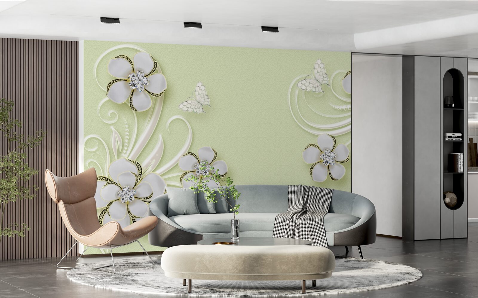 Фотошпалери на білосніжних квітах оселилися золотисті метелики