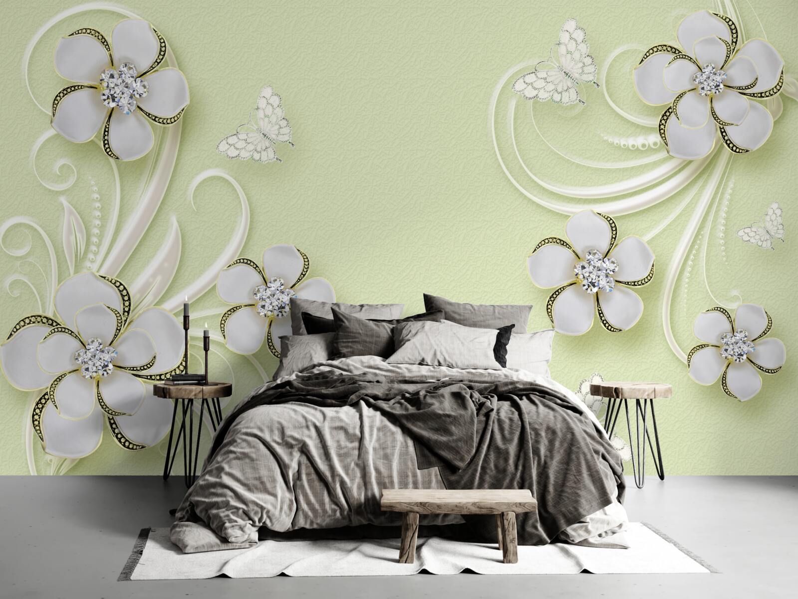 Фотошпалери на білосніжних квітах оселилися золотисті метелики