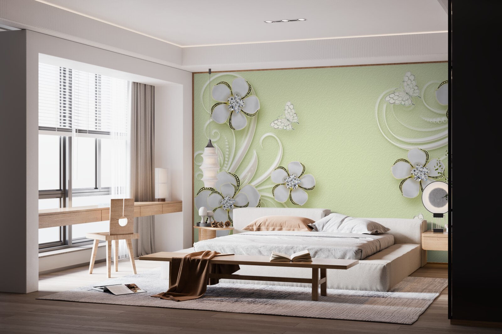 Фотошпалери на білосніжних квітах оселилися золотисті метелики