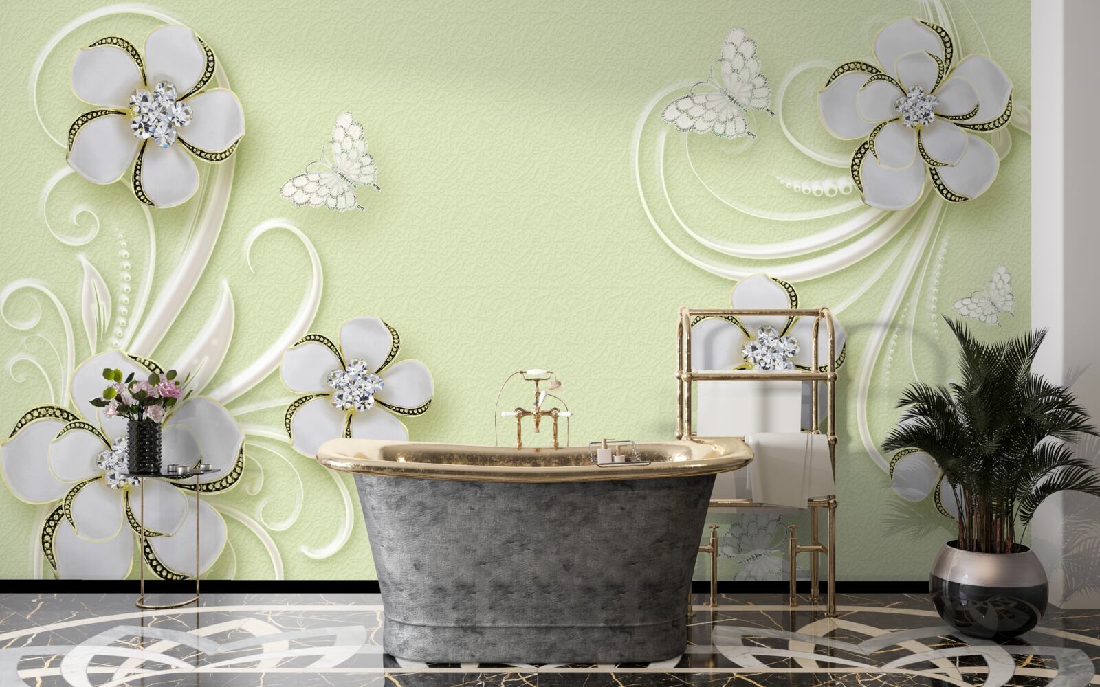 Фотошпалери на білосніжних квітах оселилися золотисті метелики