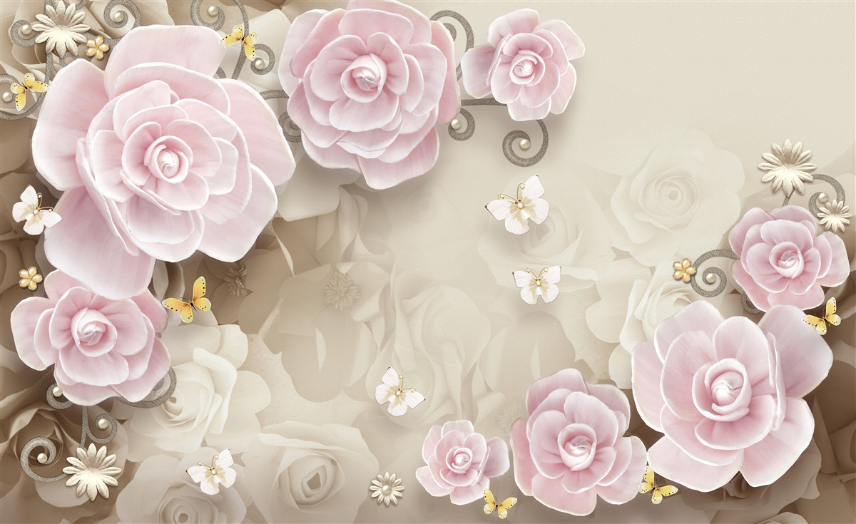 Фотошпалери ніжні троянди в рожевих тонах з перлинами в центрі