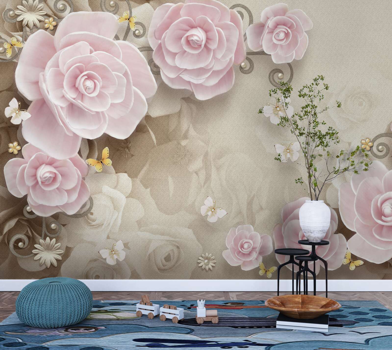 Фотошпалери ніжні троянди в рожевих тонах з перлинами в центрі