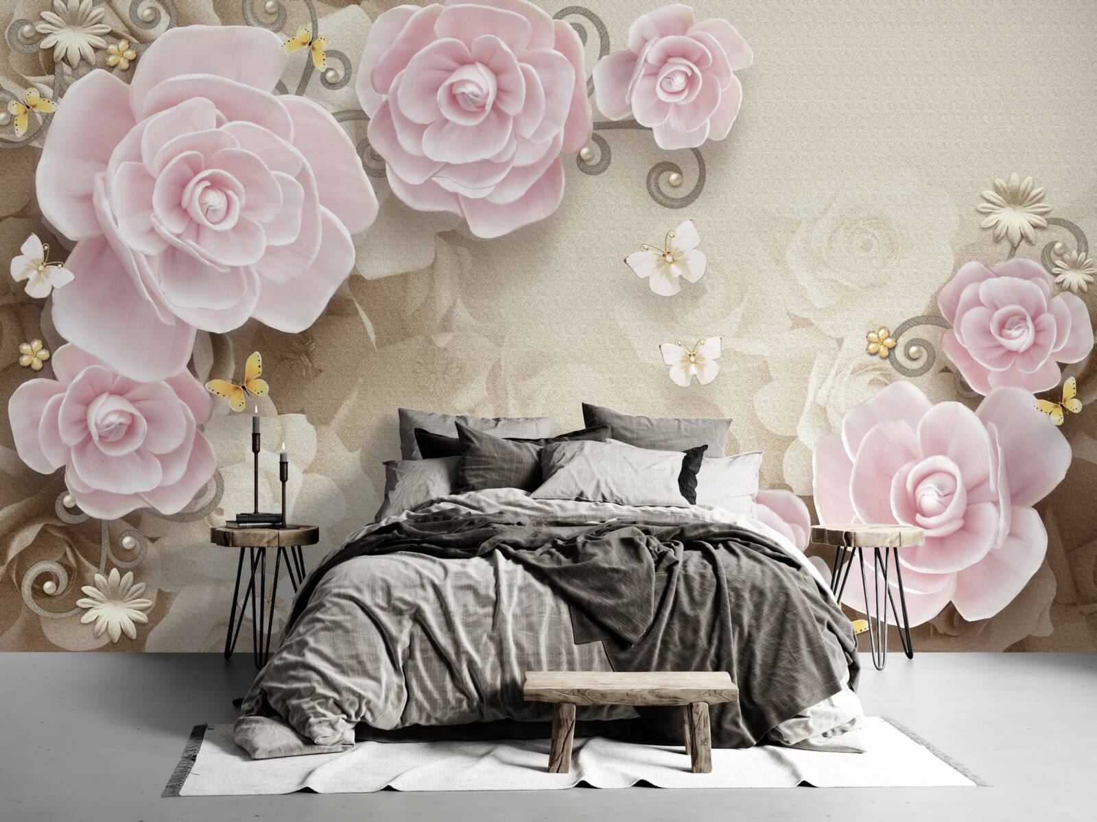 Фотошпалери ніжні троянди в рожевих тонах з перлинами в центрі