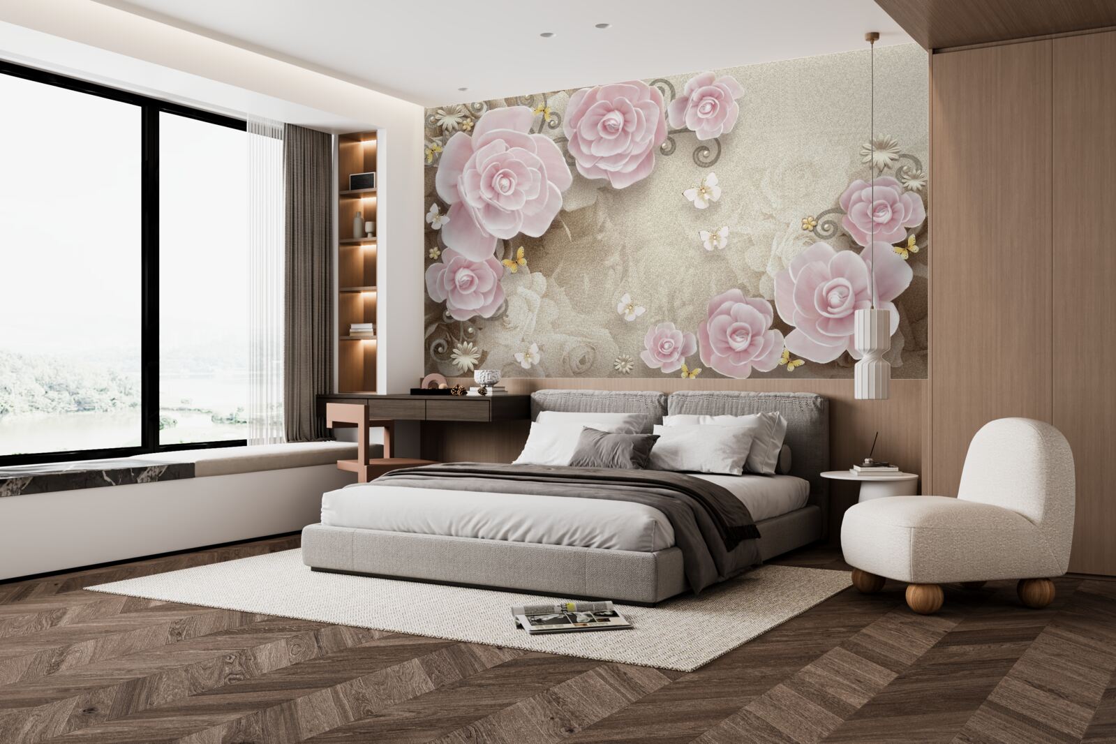 Фотошпалери ніжні троянди в рожевих тонах з перлинами в центрі