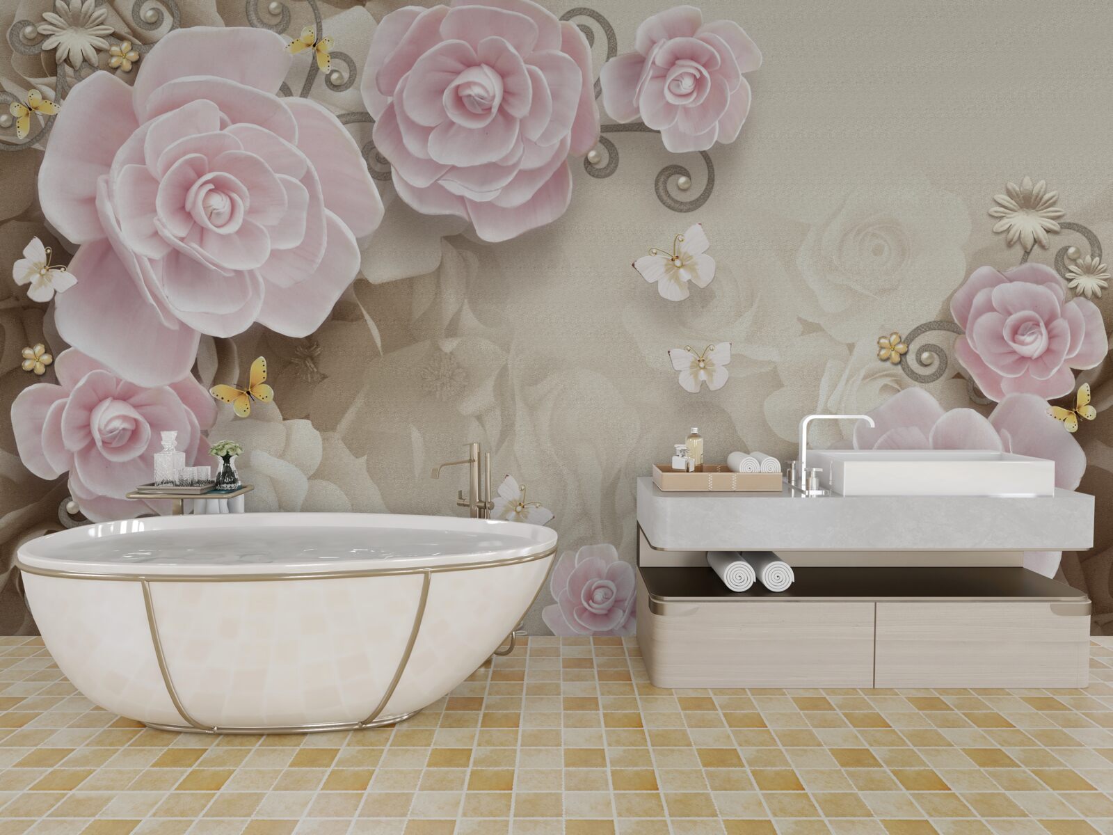 Фотошпалери ніжні троянди в рожевих тонах з перлинами в центрі