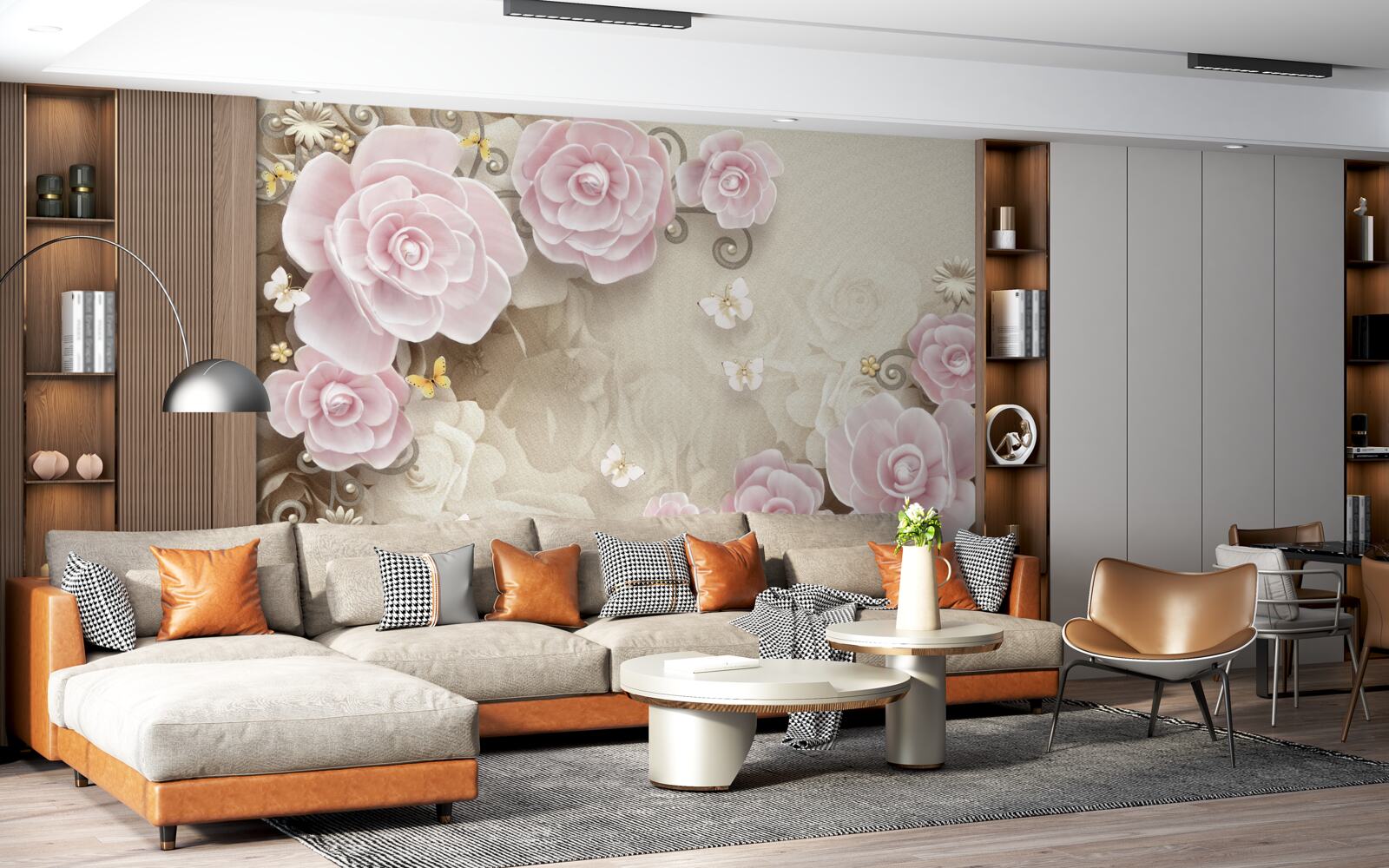 Фотошпалери ніжні троянди в рожевих тонах з перлинами в центрі