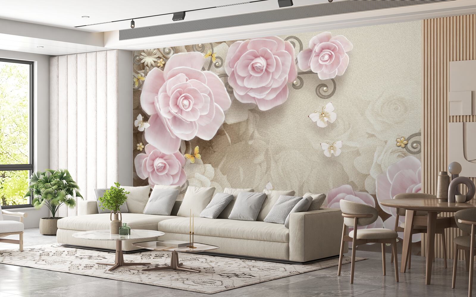 Фотошпалери ніжні троянди в рожевих тонах з перлинами в центрі