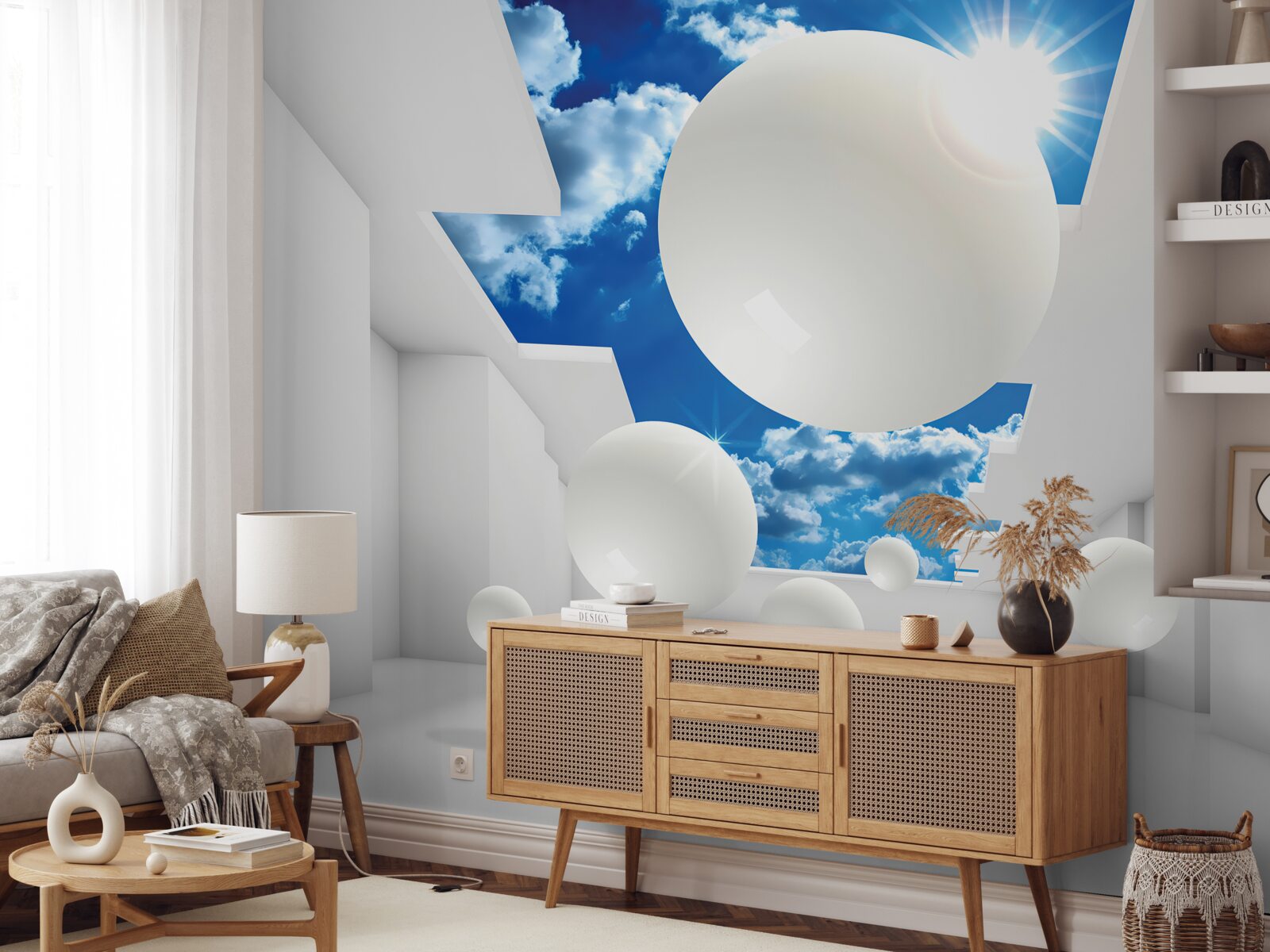 Фотошпалери великі білі кулі на тлі неба і сонця