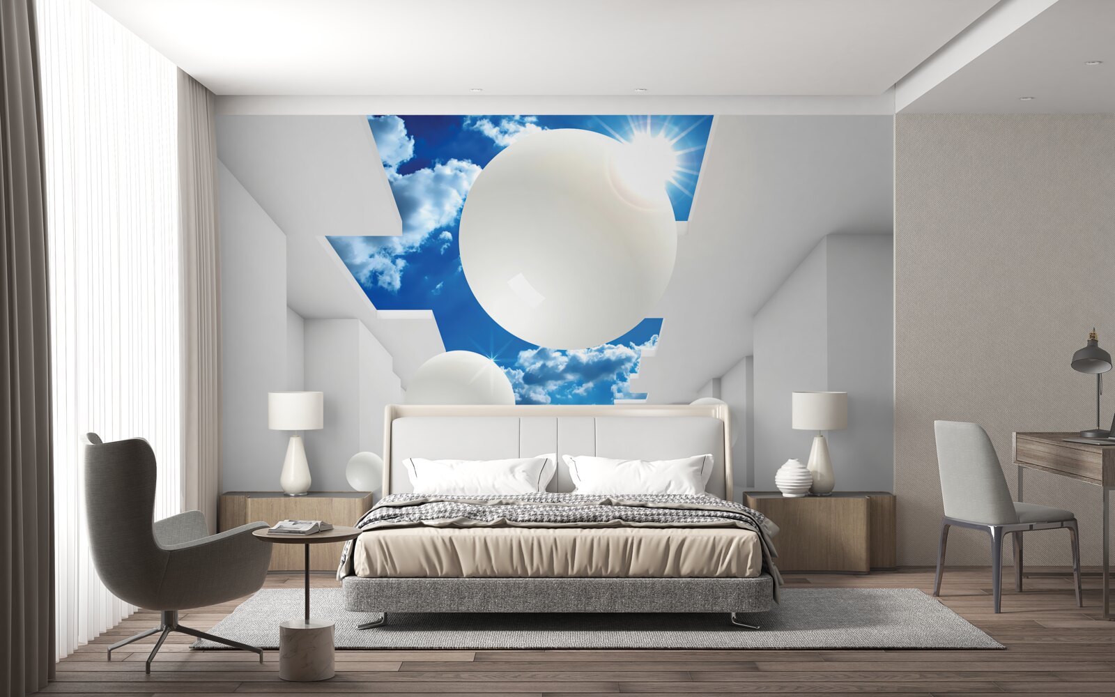 Фотошпалери великі білі кулі на тлі неба і сонця