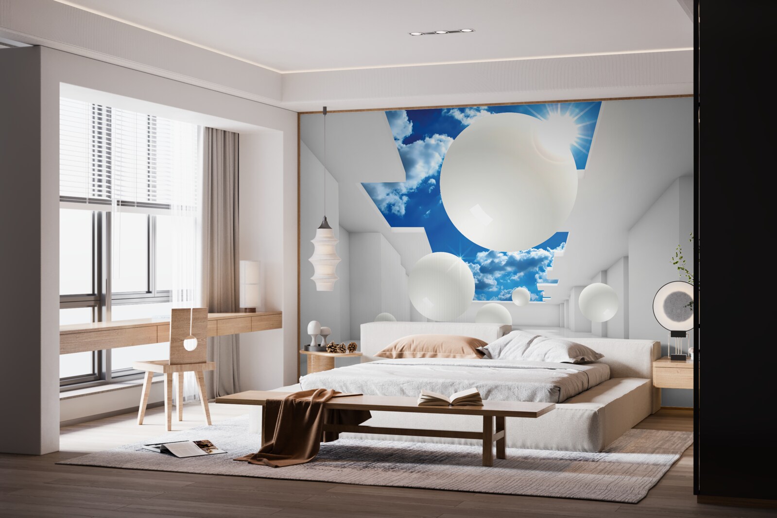 Фотошпалери великі білі кулі на тлі неба і сонця