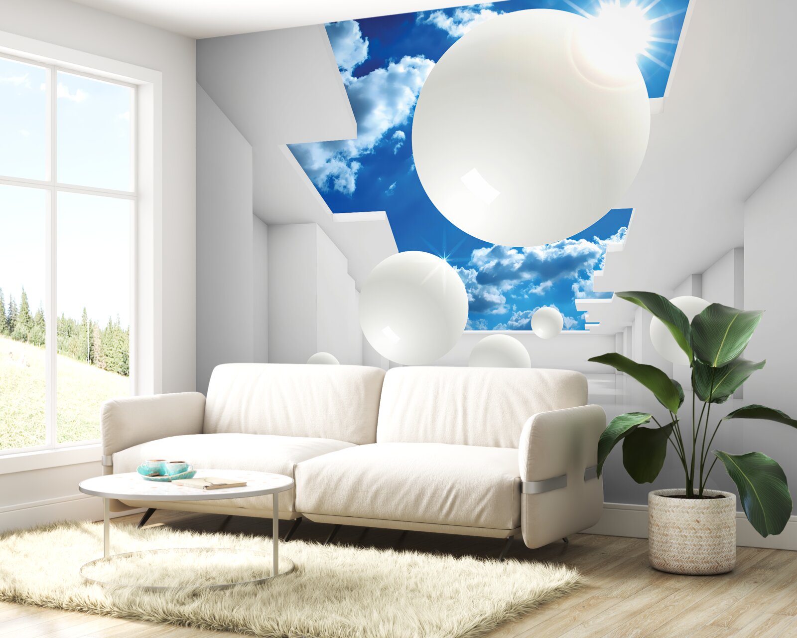 Фотошпалери великі білі кулі на тлі неба і сонця