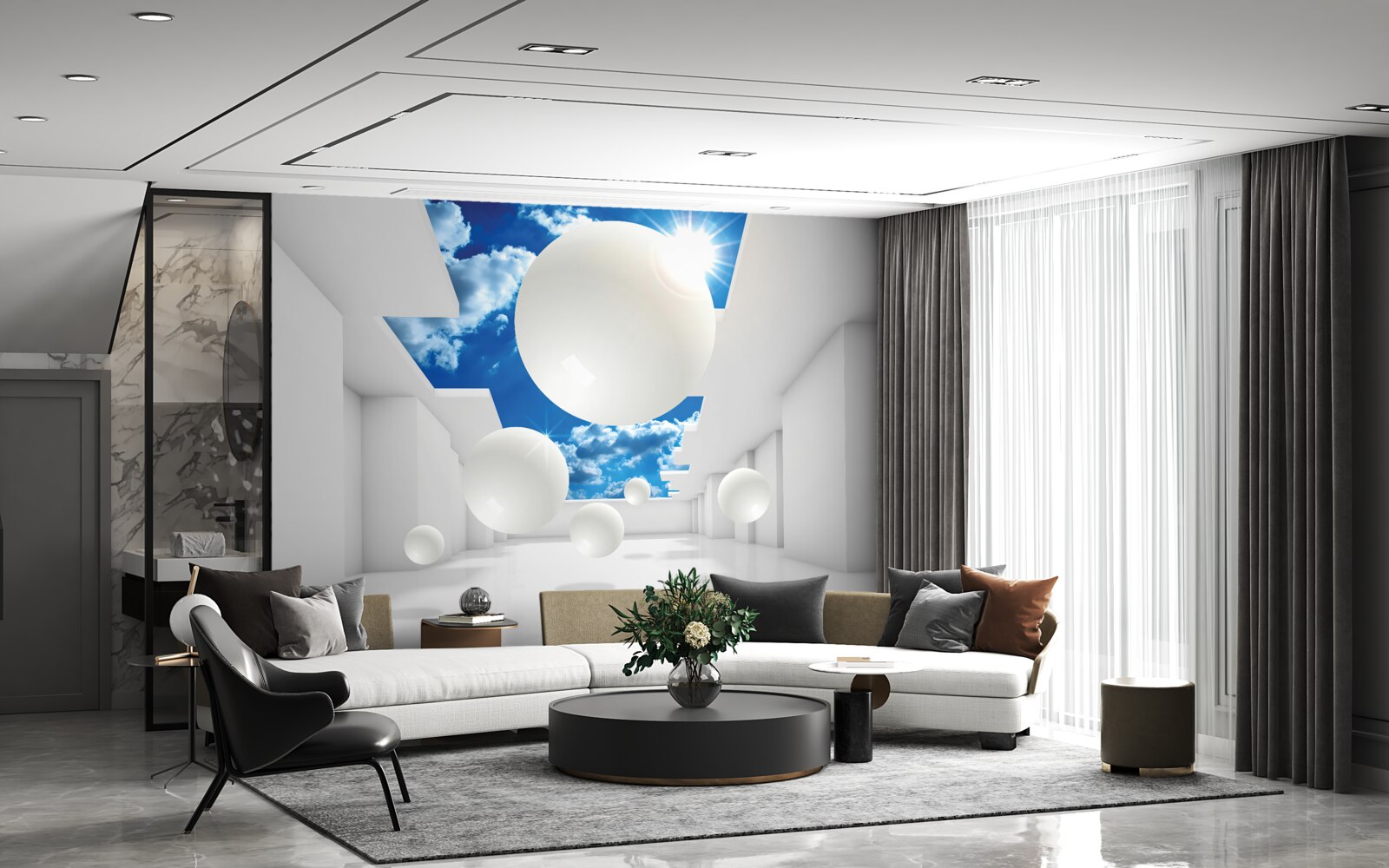 Фотошпалери великі білі кулі на тлі неба і сонця