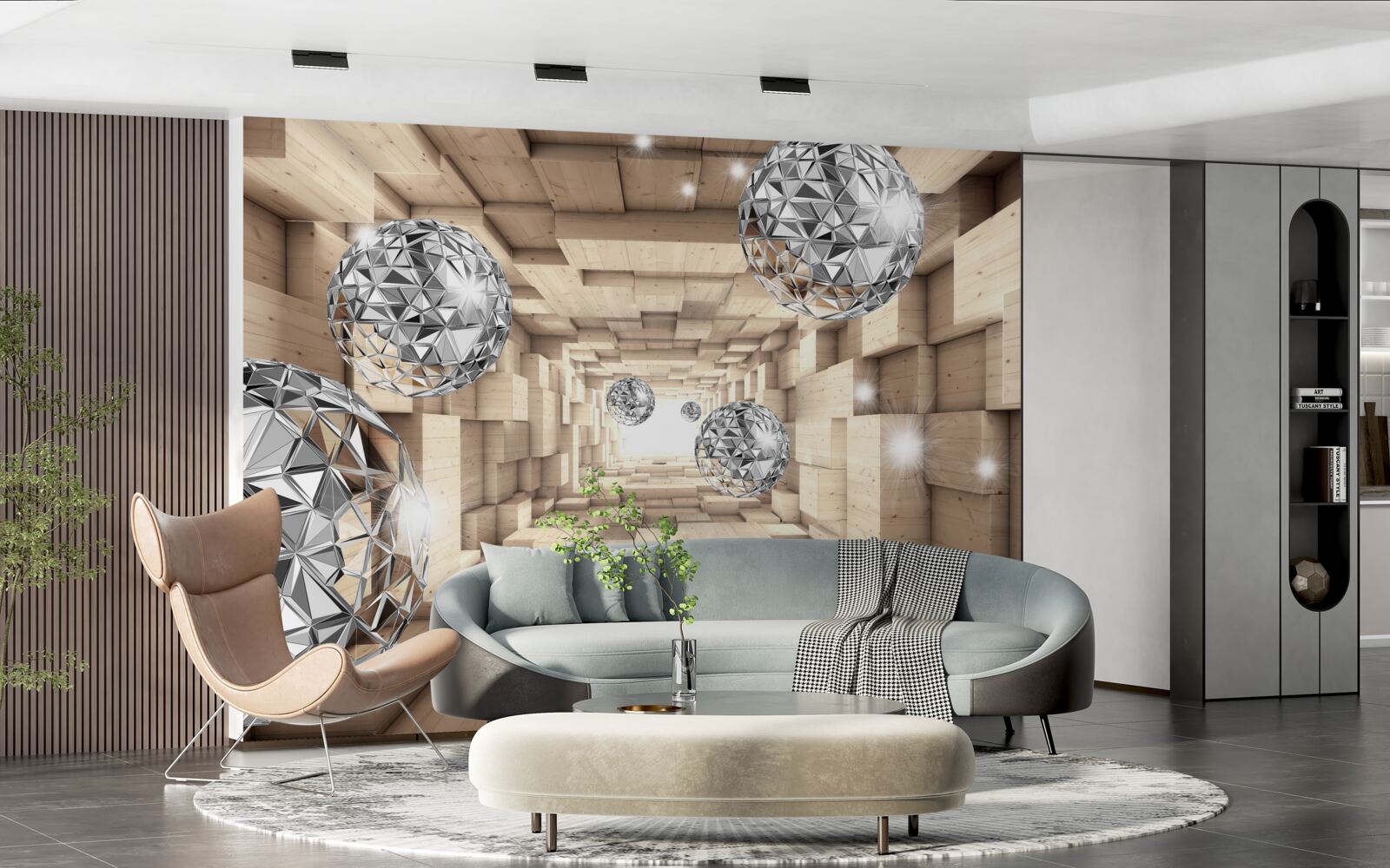 Фотошпалери срібні кулі в бронзовому проході