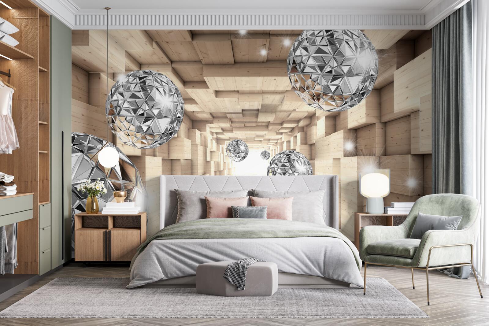 Фотошпалери срібні кулі в бронзовому проході