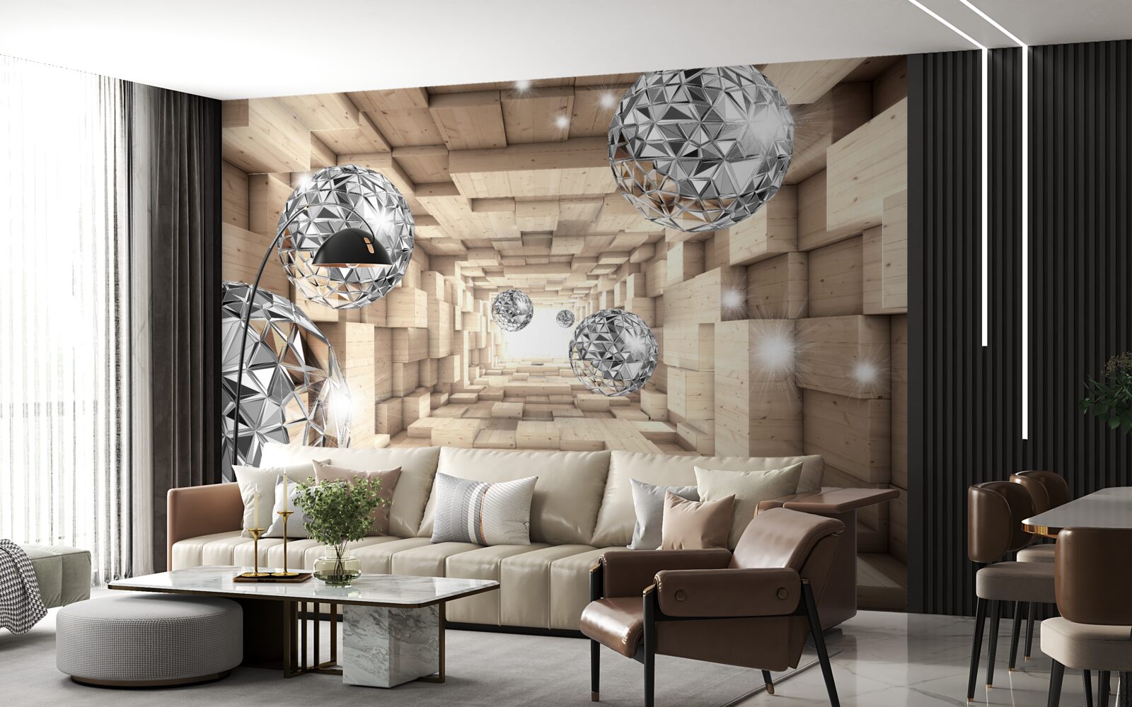 Фотошпалери срібні кулі в бронзовому проході