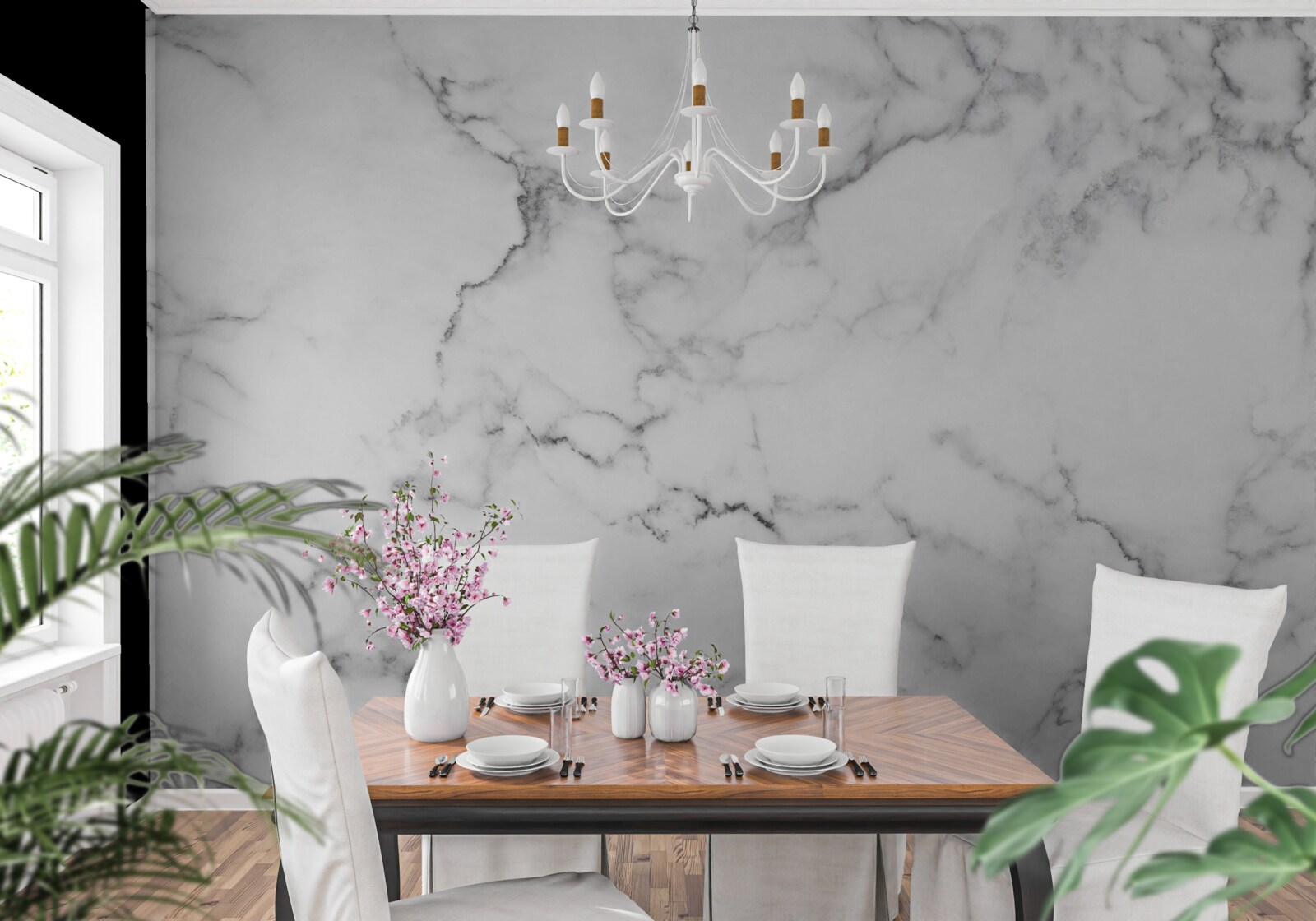 Фотошпалери білий мармур з чорними візерунками