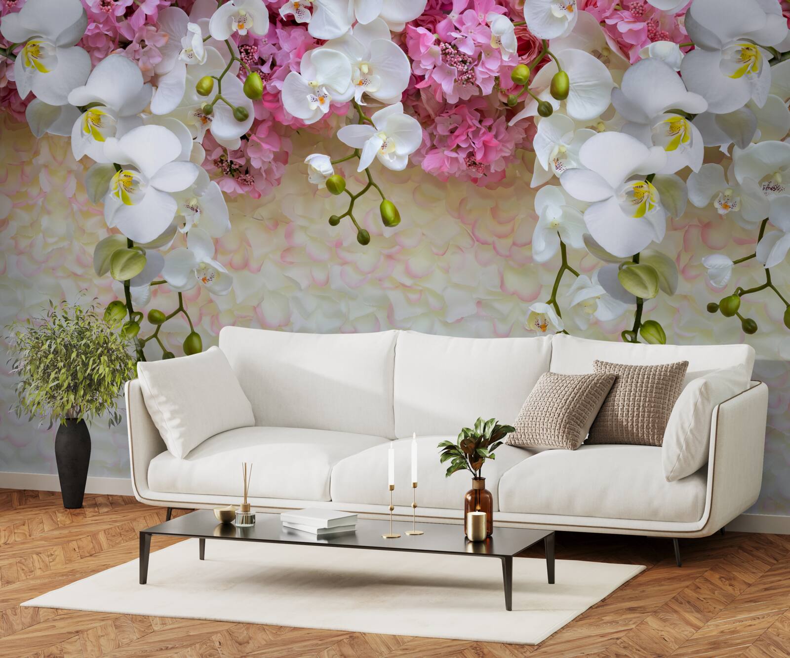 Фотошпалери гілки різних орхідей спускаються вниз