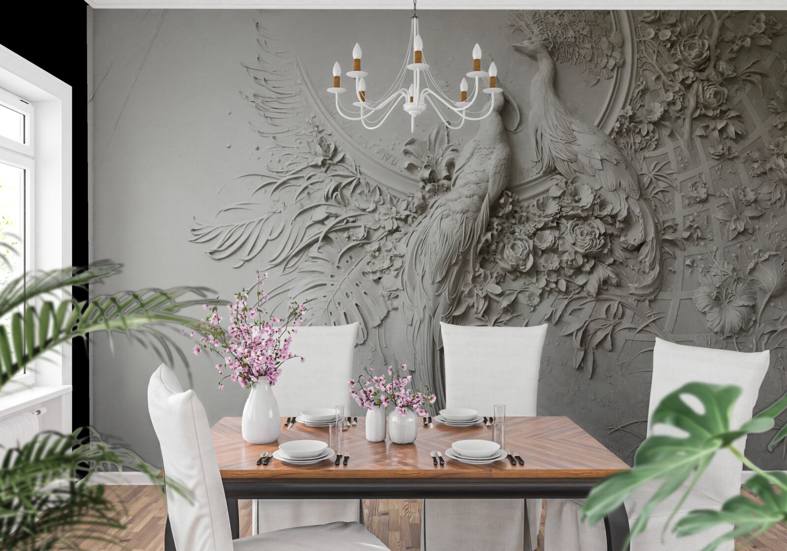 Фотошпалери павичева сім'я в розквіті сил на дереві