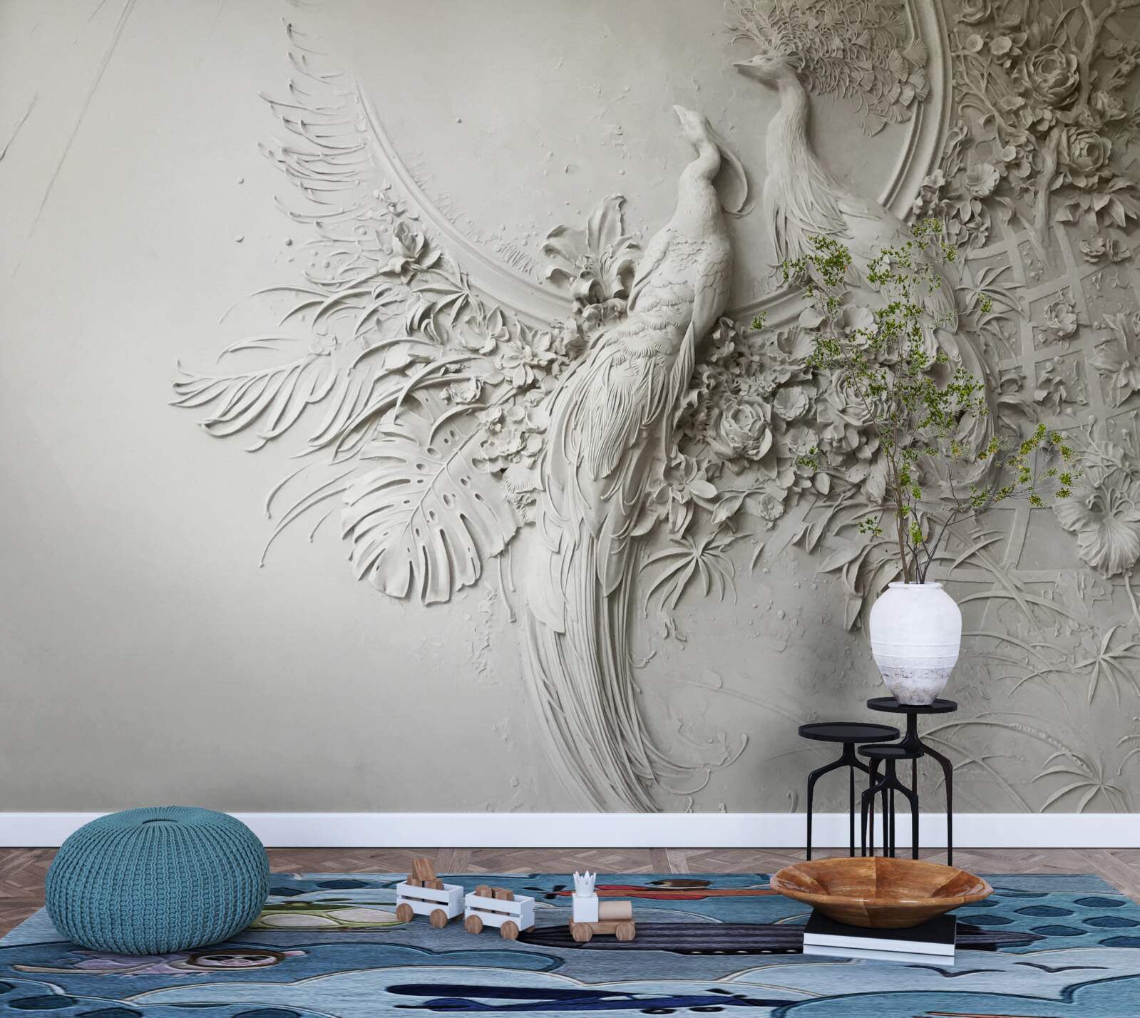 Фотошпалери павичева сім'я в розквіті сил на дереві