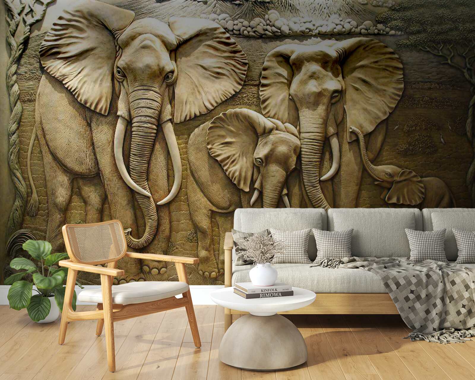 Фотошпалери сім'я слонів у скульптурі