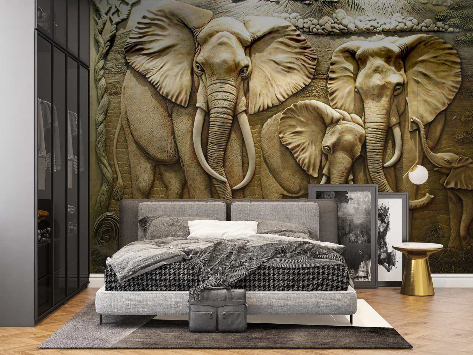 Фотошпалери сім'я слонів у скульптурі