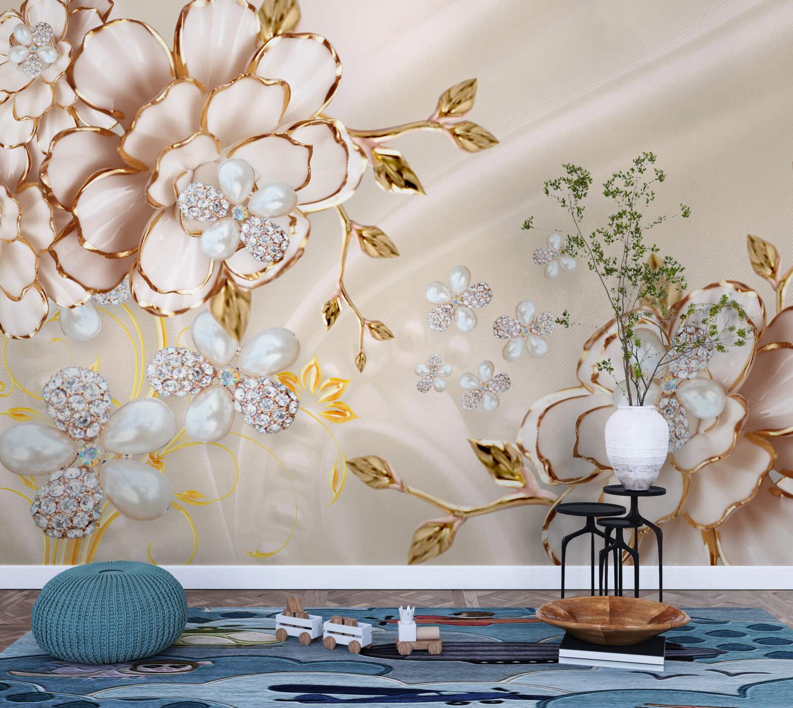 Фотошпалери квіти з золотою діамантовою парчею