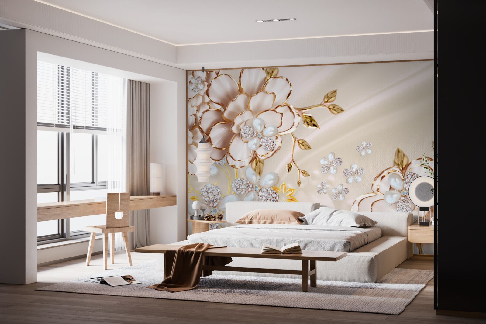 Фотошпалери квіти з золотою діамантовою парчею